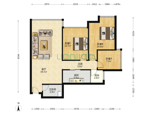 南岳首座 3室1厅1卫 97平方
