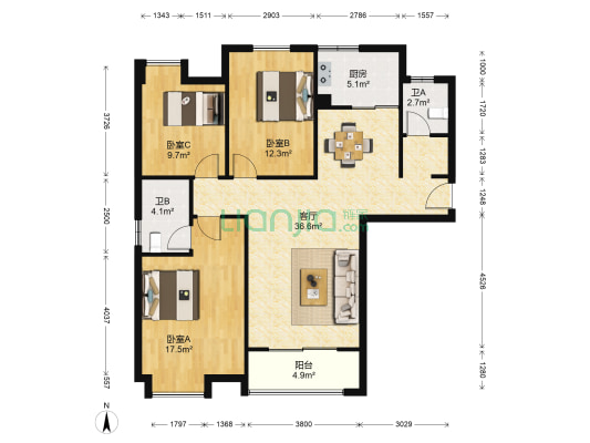 新型家园 3室1厅2卫 124平方