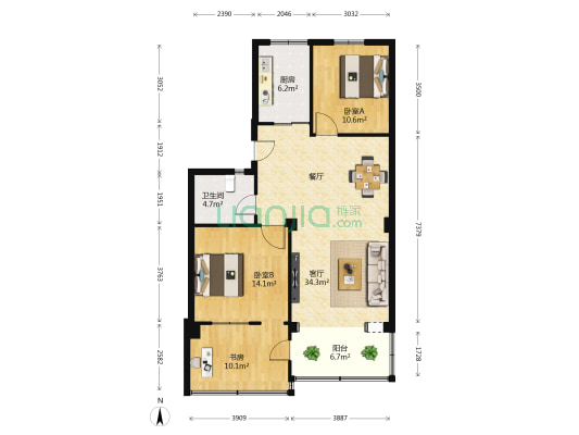 海俱宿舍区 3室1厅1卫 94平方