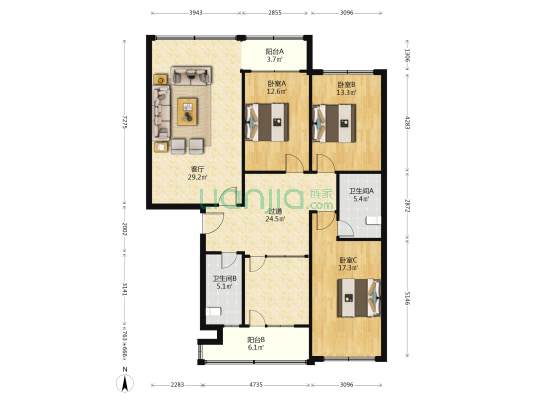 农行宿舍 3室1厅2卫 129平方