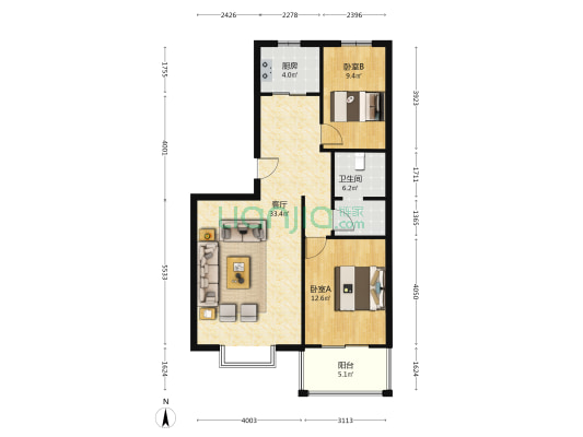 名流风景洋房中间楼层两居，出门德信公园-户型图