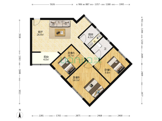 银海花园 3室1厅1卫 85平方
