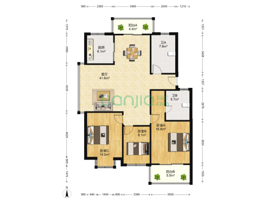 绿溪玫瑰园南区 3室1厅2卫 126平方