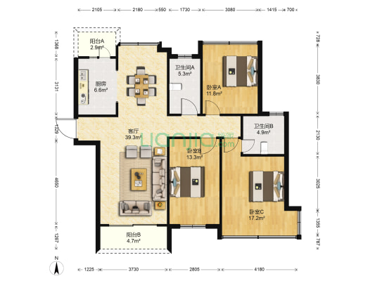 海岸城馨园 3室1厅2卫 126平方