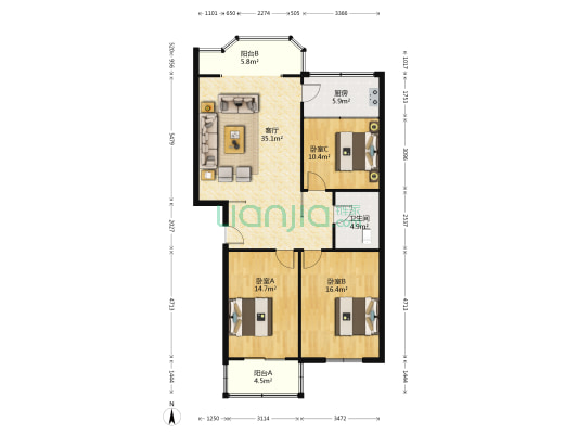 月季花园 3室1厅1卫 118平方