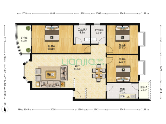 书香芳邻二期 3室1厅2卫 125平方