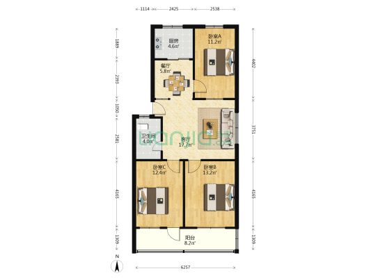 医院后街87号 3室2厅1卫 93平方