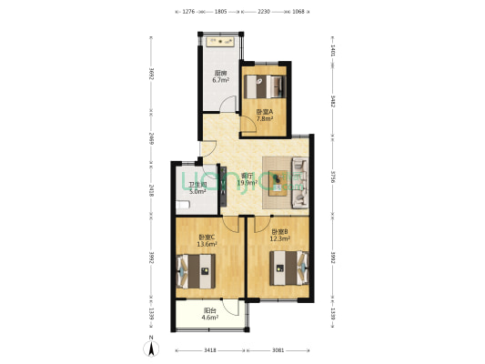 中学街工商银行宿舍 3室1厅1卫 87平方