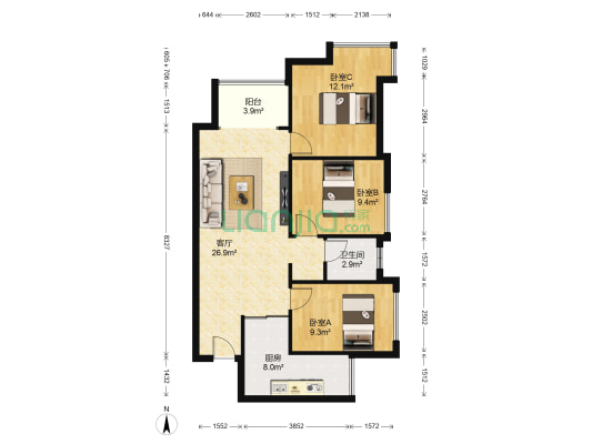 俊发时光俊园 3室1厅1卫 85平方