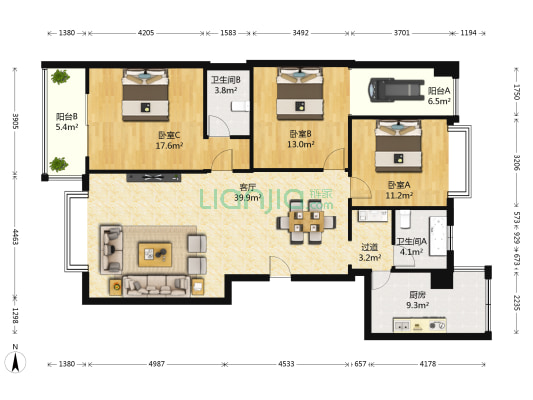 天涯庭苑 3室1厅2卫 138平方