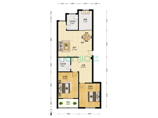 凤翔景苑 2室1厅2卫 117平方