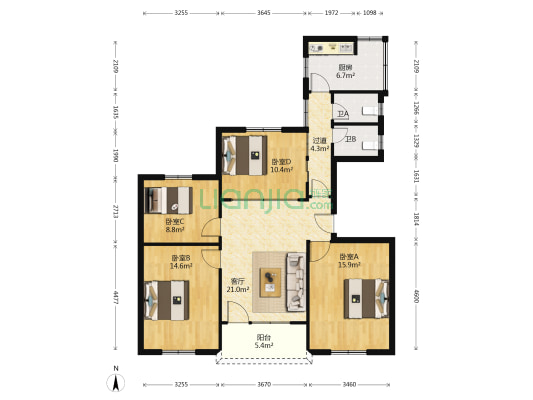 市级机关老县院住宅区 4室1厅2卫 102平方