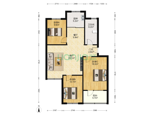 齐都花园 3室2厅1卫 103平方