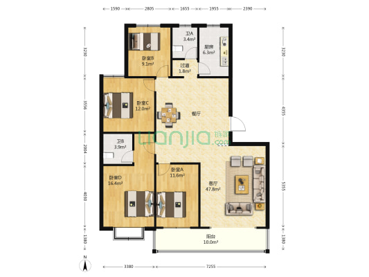 园丁园 4室1厅2卫 164平方