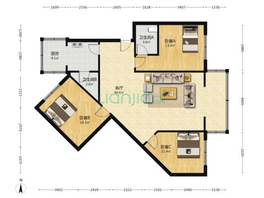 东街三巷45号 3室1厅2卫 119平方