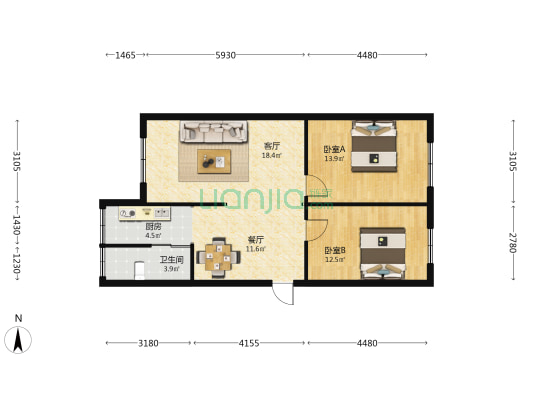 跃进小区 2室2厅1卫 90平方