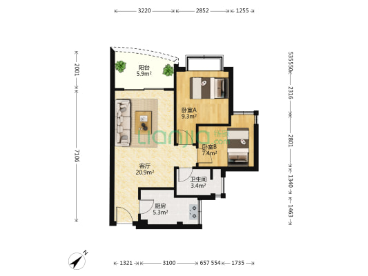 西海明珠 2室1厅1卫 64平方