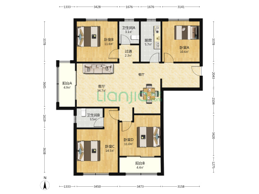 磨店家园同华苑 4室1厅2卫 149平方
