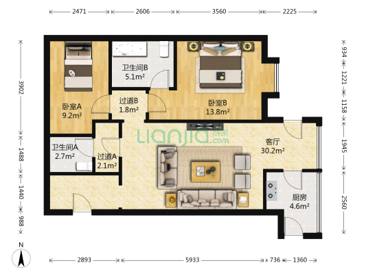 兰公馆 2室1厅2卫 104平方