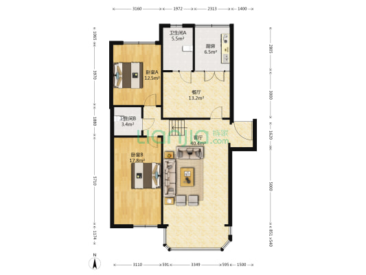 富裕小区 2室2厅2卫 125平方