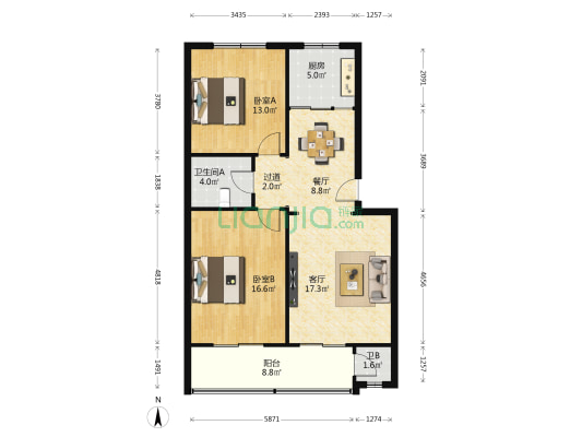 新田小区 2室2厅2卫 94平方