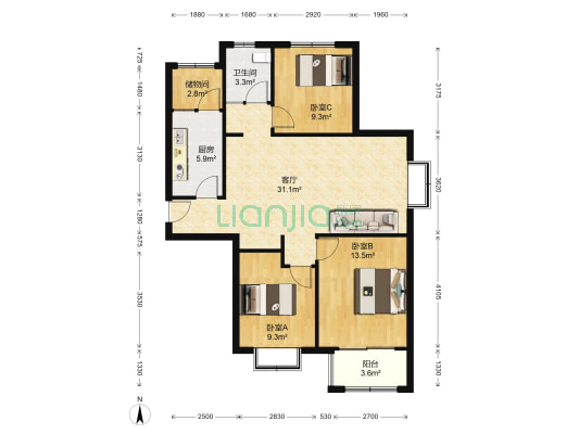 新世纪清华园 3室1厅1卫 113平方
