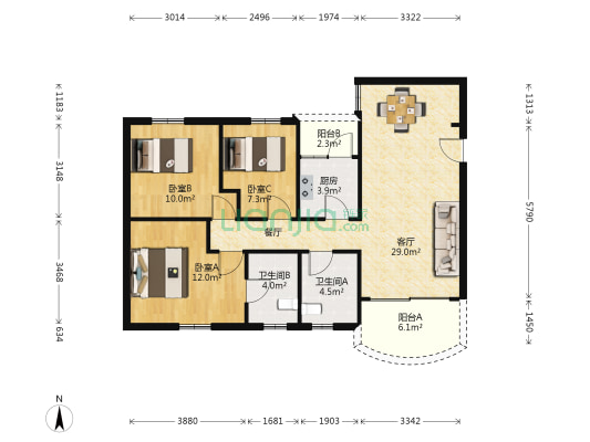 雅翠花园 3室1厅2卫 86平方