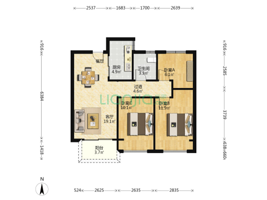 东悦城2号院 3室1厅1卫 89平方