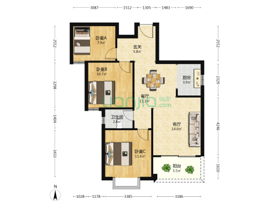 路建二区 3室2厅1卫 93平方