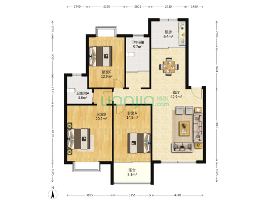 海梦苑 3室1厅2卫 132平方