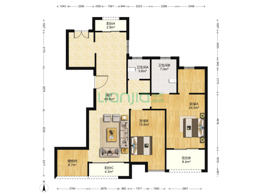新梅华府 2室1厅2卫 165平方