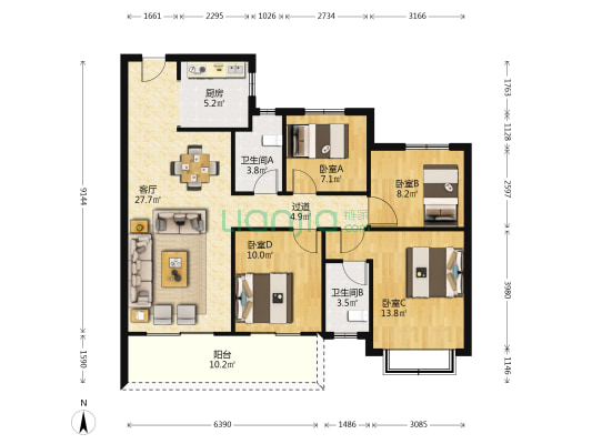龙光阳光河畔 4室1厅2卫 119平方