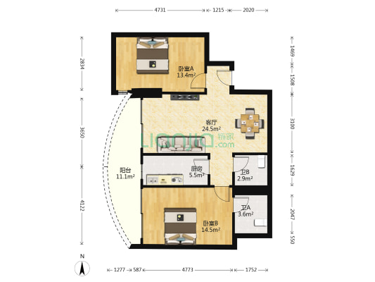 瑞华大厦 2室1厅2卫 96平方