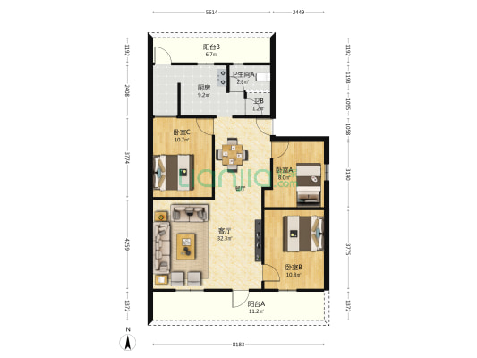瑞和园 3室1厅2卫 102平方