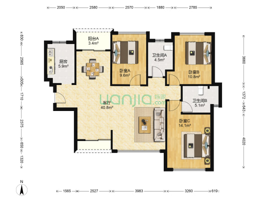 佛罗伦斯尚苑 3室1厅2卫 128平方