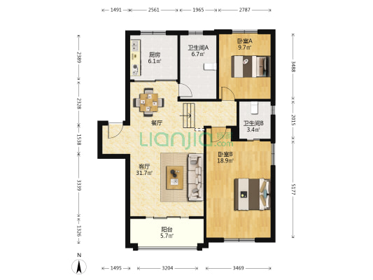 君临天下(公寓) 2室1厅2卫 96平方