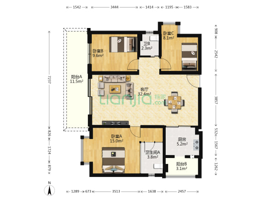 金翠峰1号 3室1厅2卫 107平方