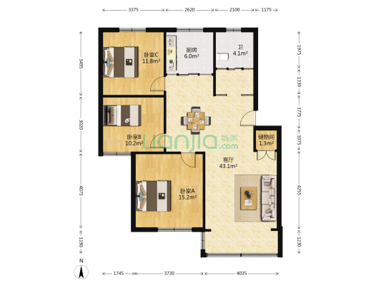 明州花园南区 3室1厅1卫 109平方