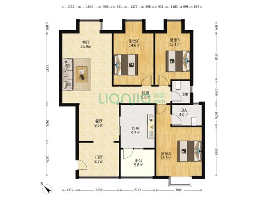 南轩雅居南区 3室2厅2卫 126平方