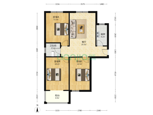 南北通透小三居室，明厨明卫 ，中间楼层 。-户型图