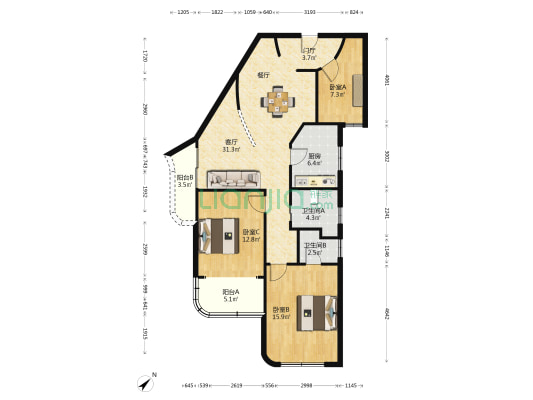 富泰阁 3室1厅2卫 125平方