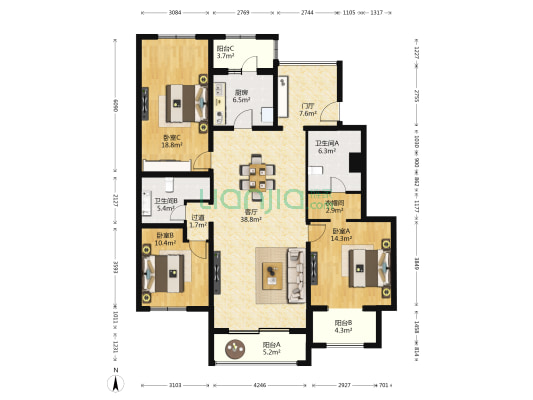 金科王府 3室1厅2卫 140平方