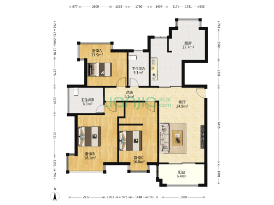 绿地国博滨江公馆 3室1厅2卫 47平方