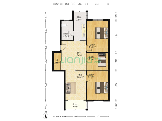 长发东村 3室2厅1卫 105平方