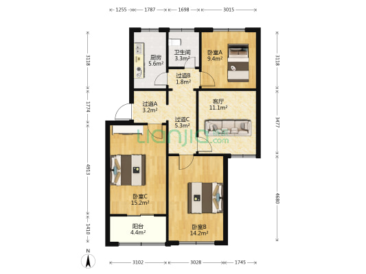 粮食局家属院 3室1厅1卫 92平方