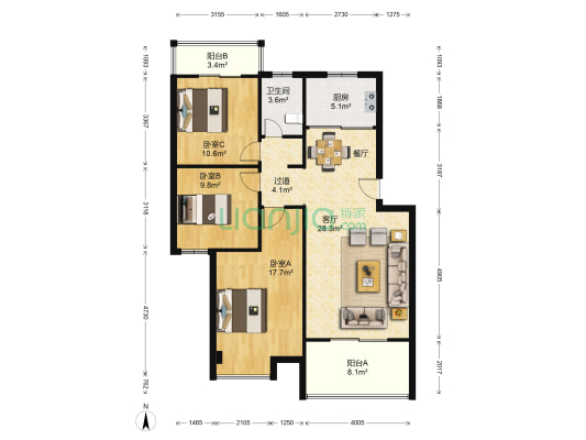 明发锦绣银山 3室1厅1卫 105平方