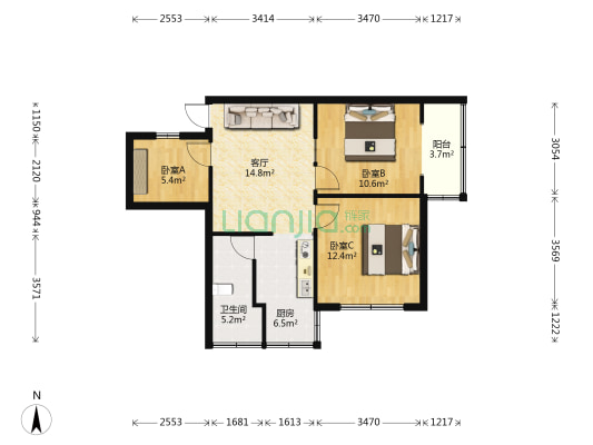 松山路100号 3室1厅1卫 90平方