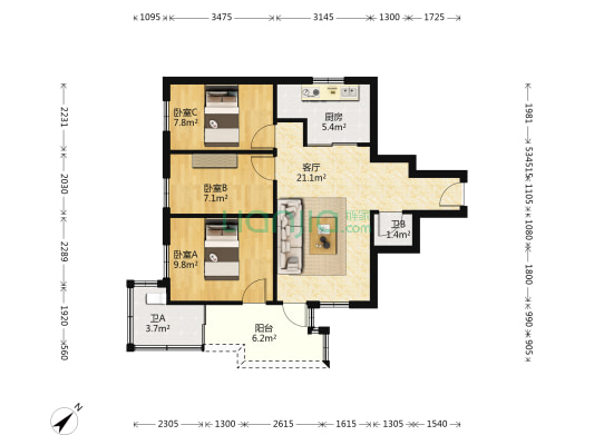 广纸北一路 3室1厅2卫 72平方