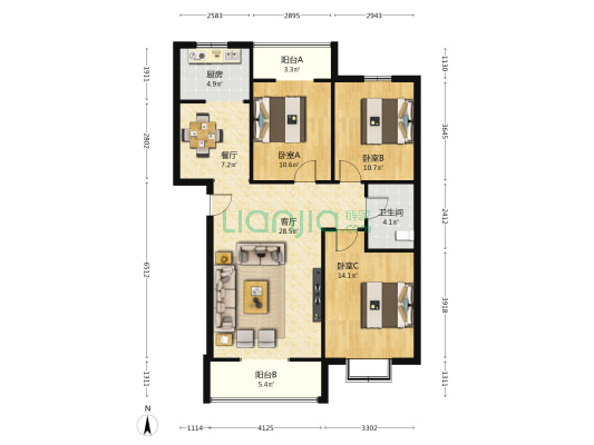 水岸星城小区 3室2厅1卫 109平方
