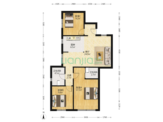 银鹿大厦 3室1厅2卫 112平方